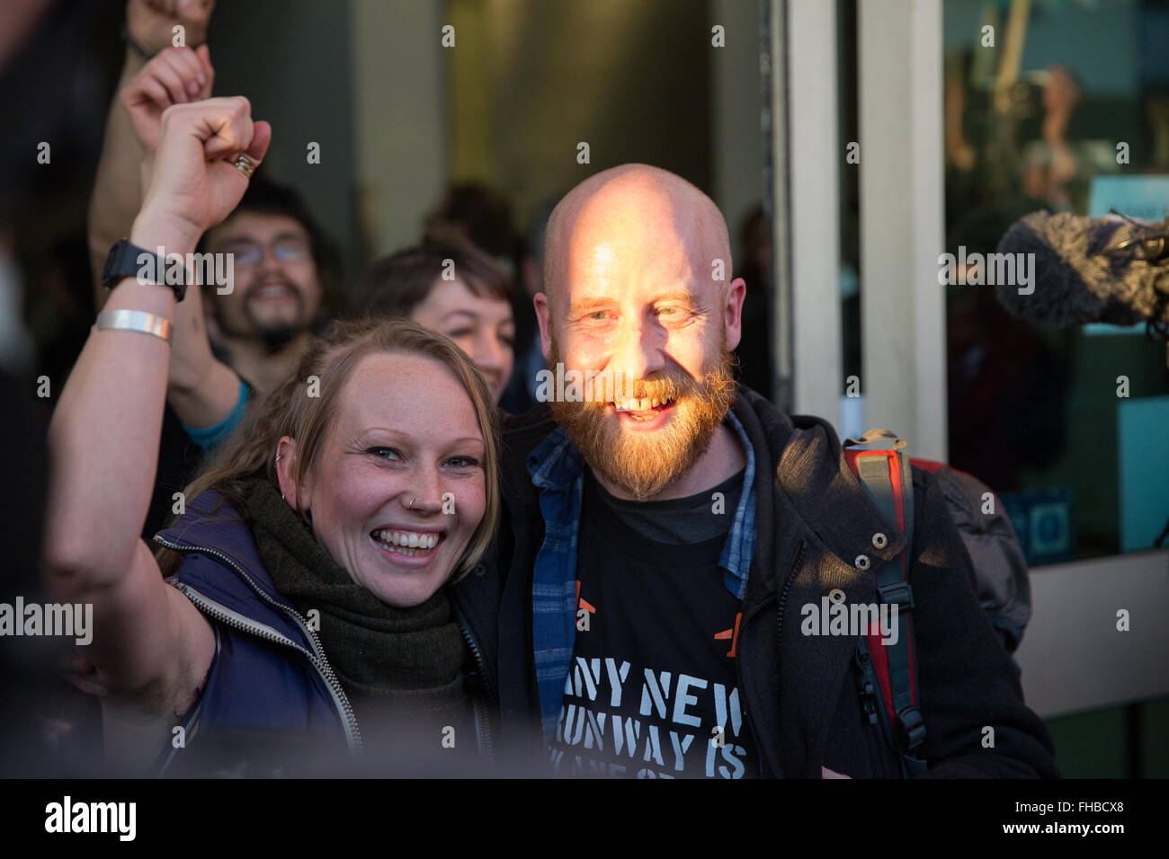 London, UK. 24th February, 2016. Kara Moses and Graham Thompson of the Heathrow 13 celebrate avoiding custodial sentences outside Willesden Magistrates Court. Credit:  Mark Kerrison/Alamy Live News Stock Photo