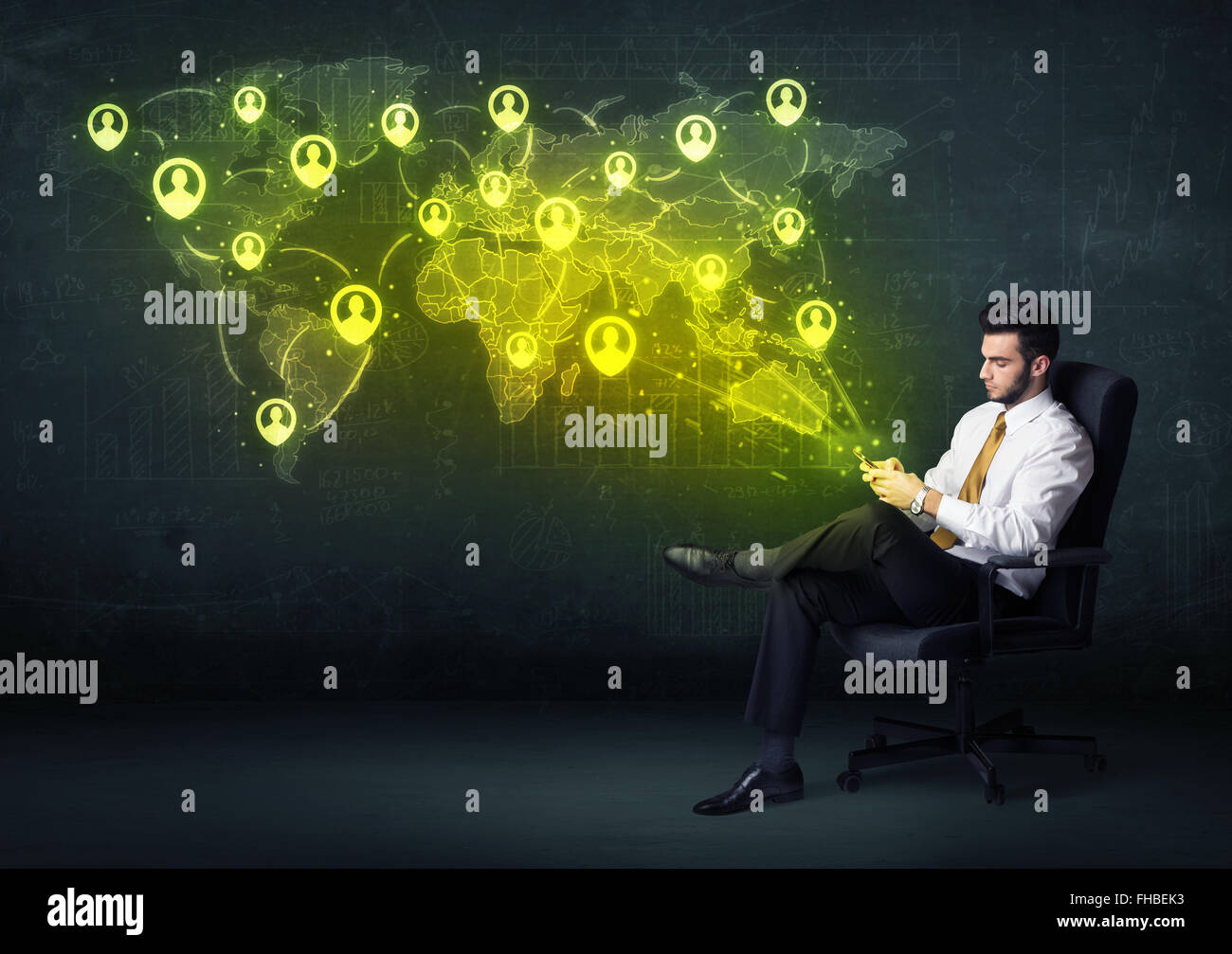 Businessman in office with tablet and social network world map Stock ...