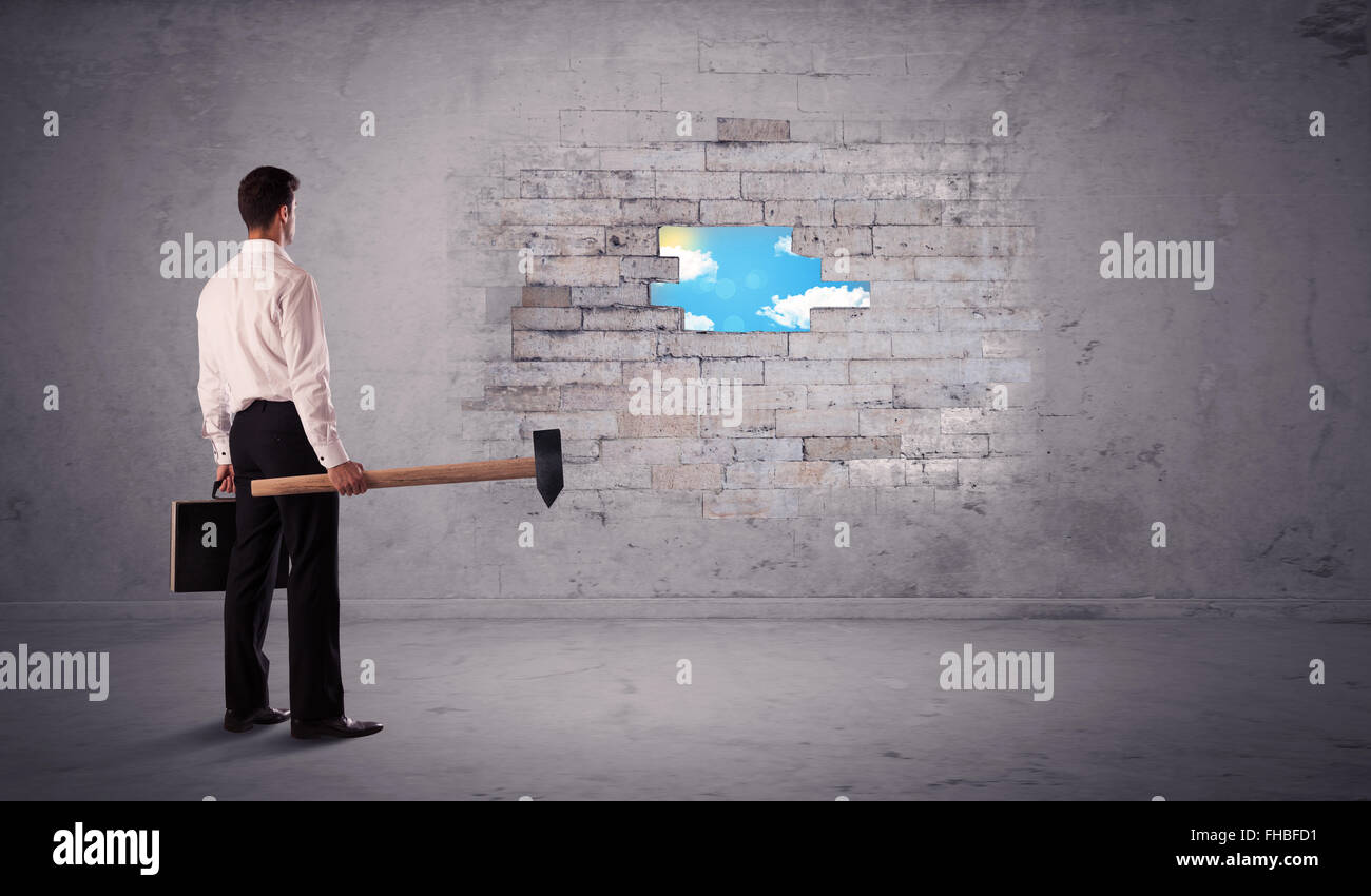 Business man hitting brick wall with hammer Stock Photo Alamy