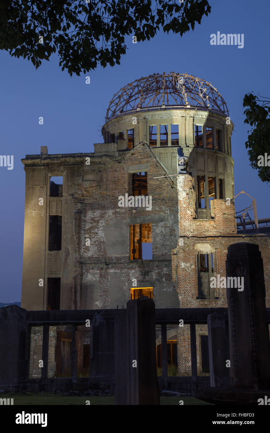 Atomic Dome or the Hiroshima Prefectural Industry Promotion Building remains at twilght and at night Stock Photo