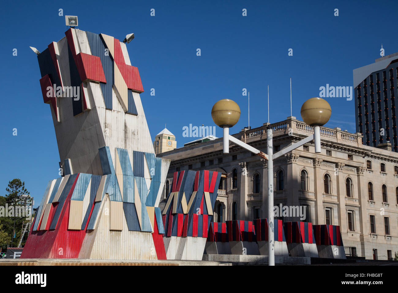public art sculpture by Otto Herbert Hajek in front of Parliament Building in the center of Adelaide Stock Photo