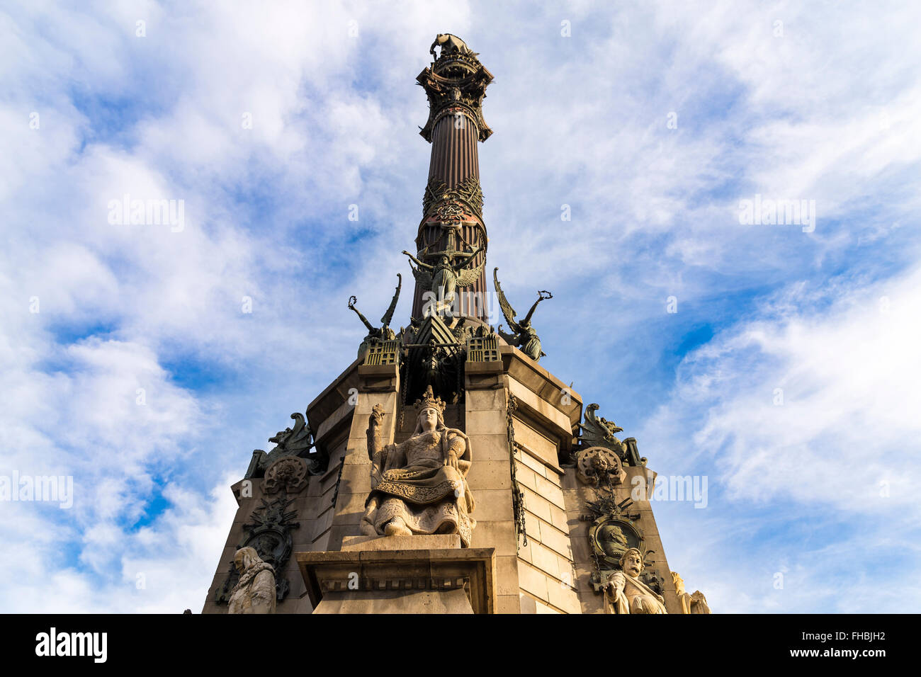 The Columbus Monument is a 60 meter tall monument to Christopher Columbus at the lower end of La Rambla, Barcelona, Spain Stock Photo