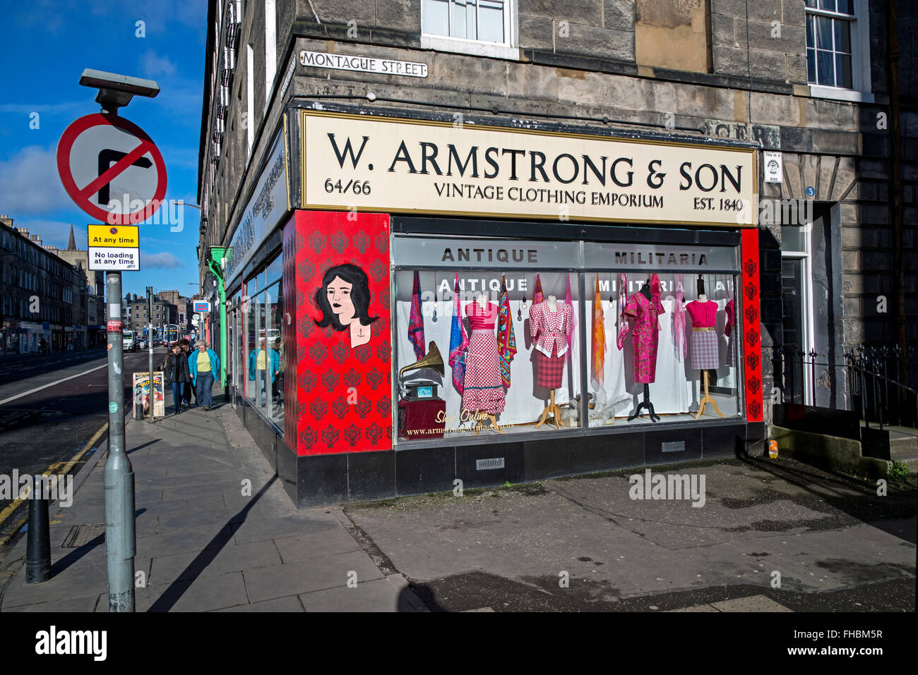 W Armstrong & Son, Vintage Clothing Emporium on the corner of Montague Street and Clerk Street in Edinburgh. Stock Photo