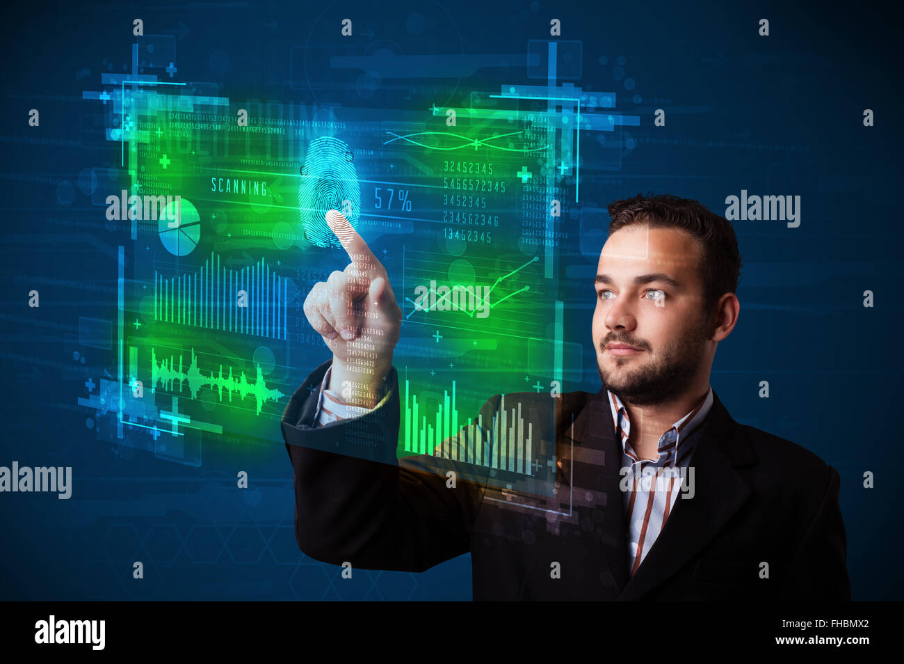 Young businessman pressing modern technology panel with finger print reader Stock Photo