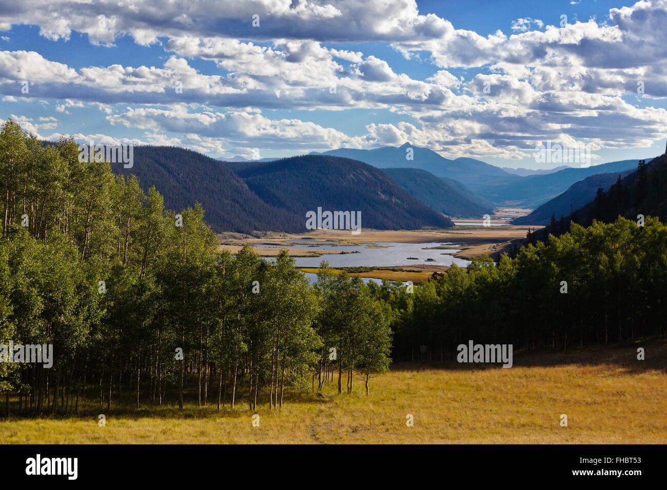 Aspen trees and the RIO GRANDE RIVER runs through the RIO GRANDE VALLEY - SOUTHERN COLORADO Stock Photo