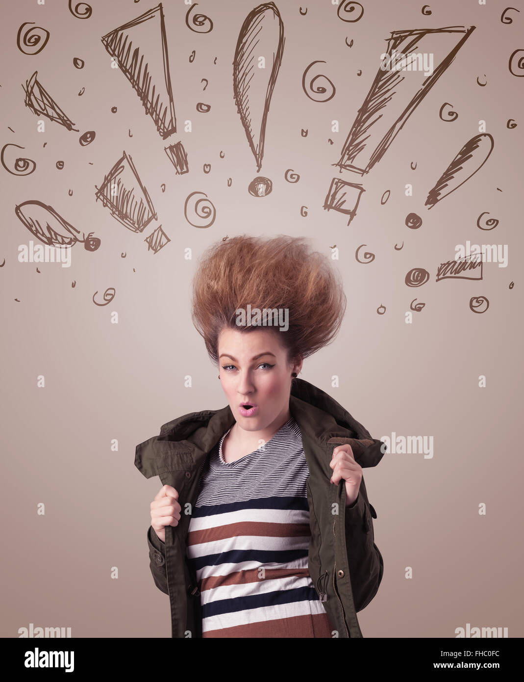 Young woman with hair style and hand drawn exclamation signs Stock Photo