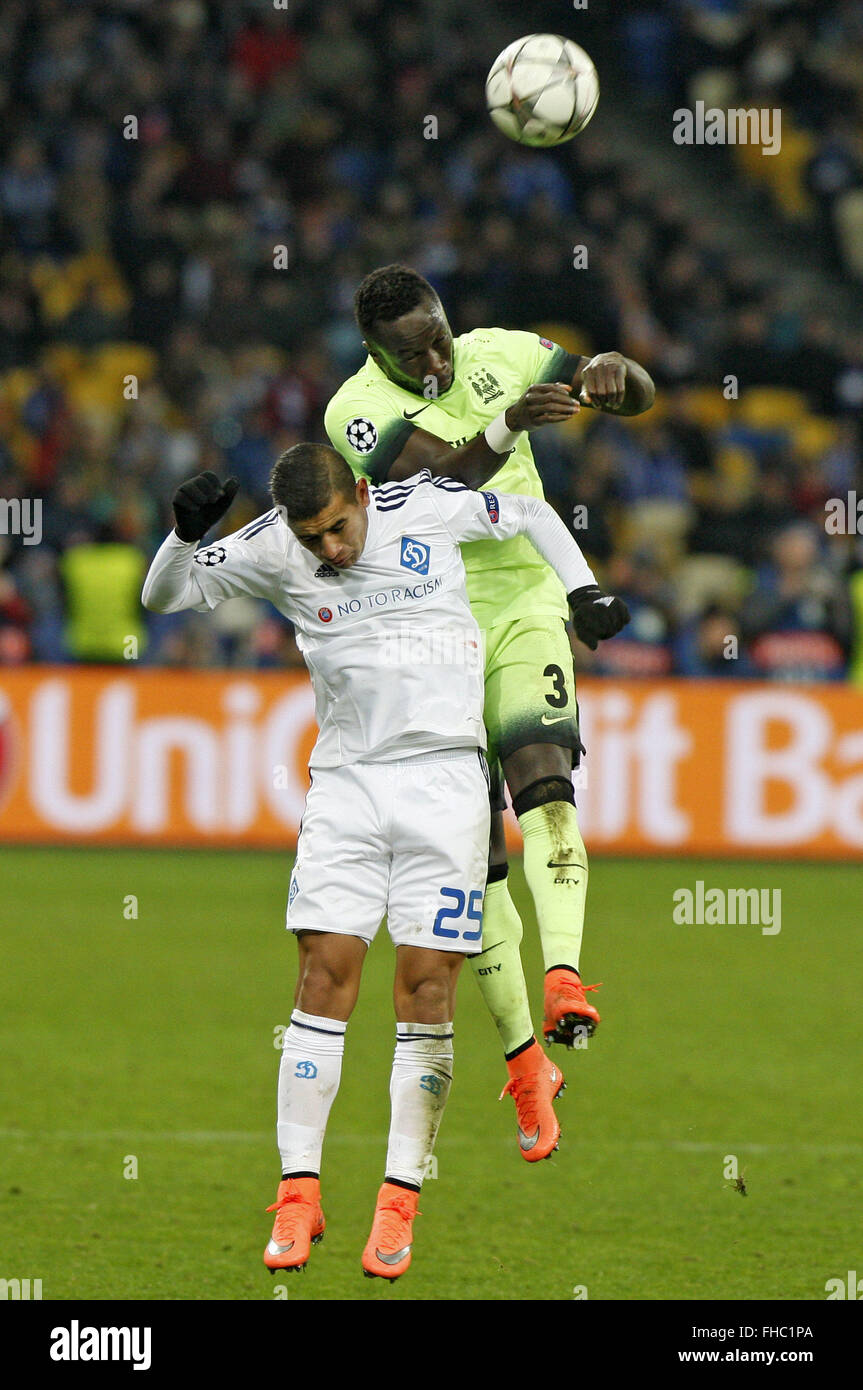 Kiev, Ukraine. 24th Feb, 2016. BACARY SAGNA (R) of Manchester City vies for the ball with DERLIS GONZALES (L) of Dynamo, during the UEFA Champions league round of 16, first leg, football match FC Dynamo Kyiv vs Manchester City FC at the Olimpiysky stadium in Kiev, on February 24, 2016. Credit:  Serg Glovny/ZUMA Wire/Alamy Live News Stock Photo