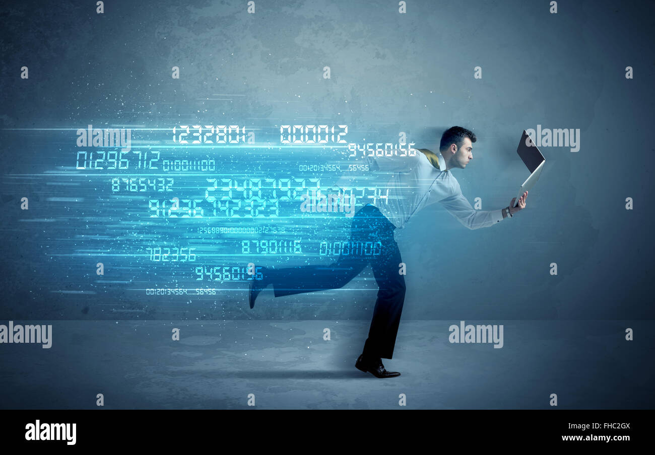 Business man running with device and data concept Stock Photo - Alamy