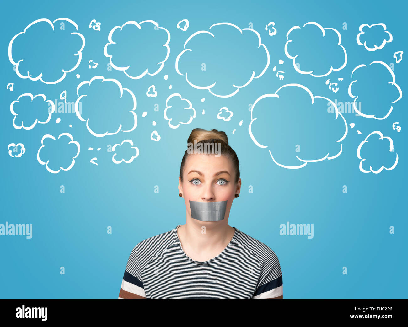 Funny person with taped mouth Stock Photo
