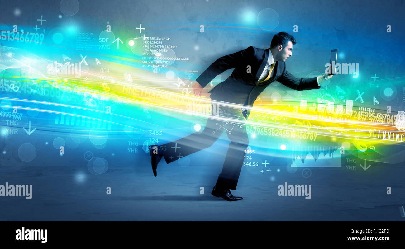 Tech Man Running Business man running in high tech wave concept Stock Photo - Alamy