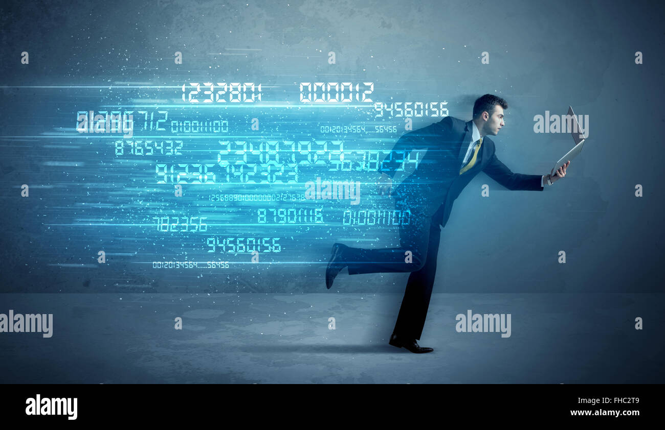 Business man running with device and data concept Stock Photo - Alamy