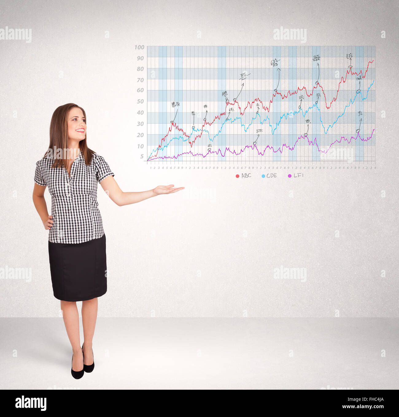 Young business woman presenting stock market diagram Stock Photo - Alamy