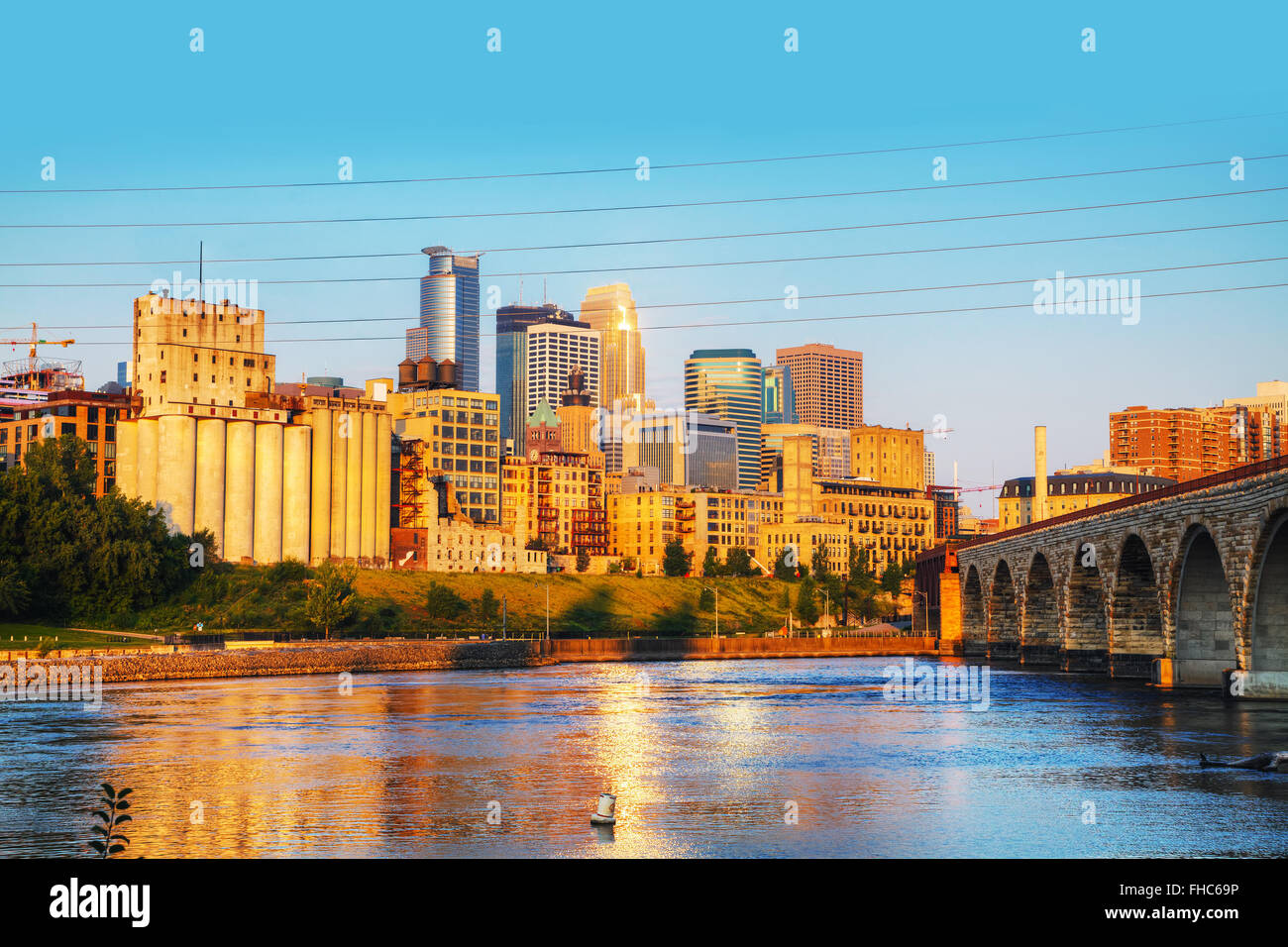 Downtown Minneapolis, Minnesota in the morning with famous Stone Arch bridge Stock Photo