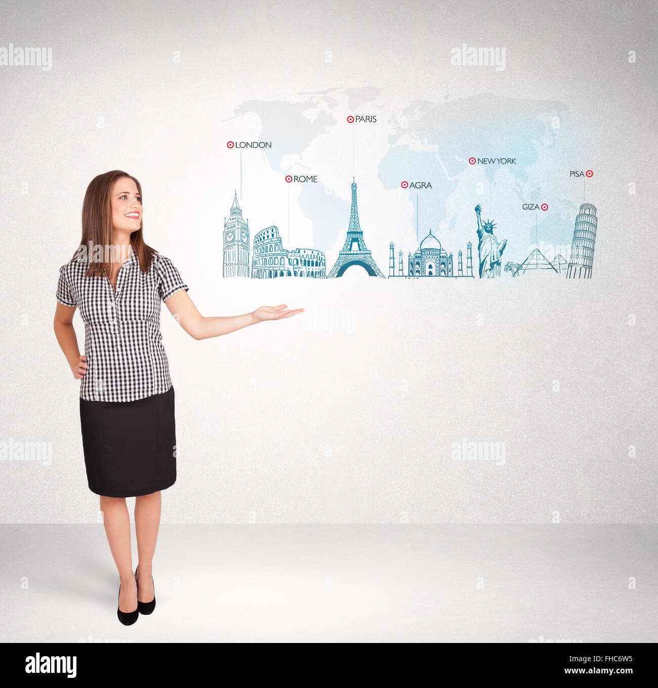 Business woman presenting map with famous cities and landmarks Stock ...