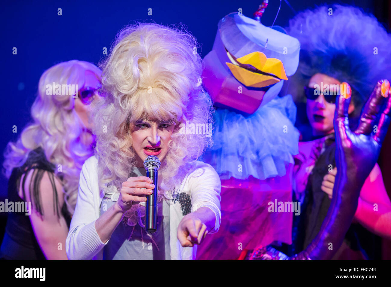 London, UK. 24th Feb, 2016. Denim, a Cambridge founded musical comedy drag troop who last summer performed with Florence and The Macvhine,  perform their brand new show Interstellar at Vault festival. The show runs froim 24  Feb to 6 March 2016. Credit:  Guy Bell/Alamy Live News Stock Photo