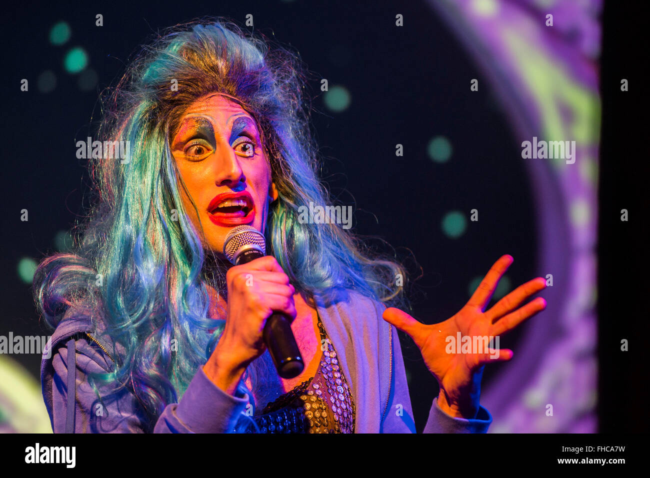 London, UK. 24th Feb, 2016. Denim, a Cambridge founded musical comedy drag troop who last summer performed with Florence and The Macvhine,  perform their brand new show Interstellar at Vault festival. The show runs froim 24  Feb to 6 March 2016. Credit:  Guy Bell/Alamy Live News Stock Photo
