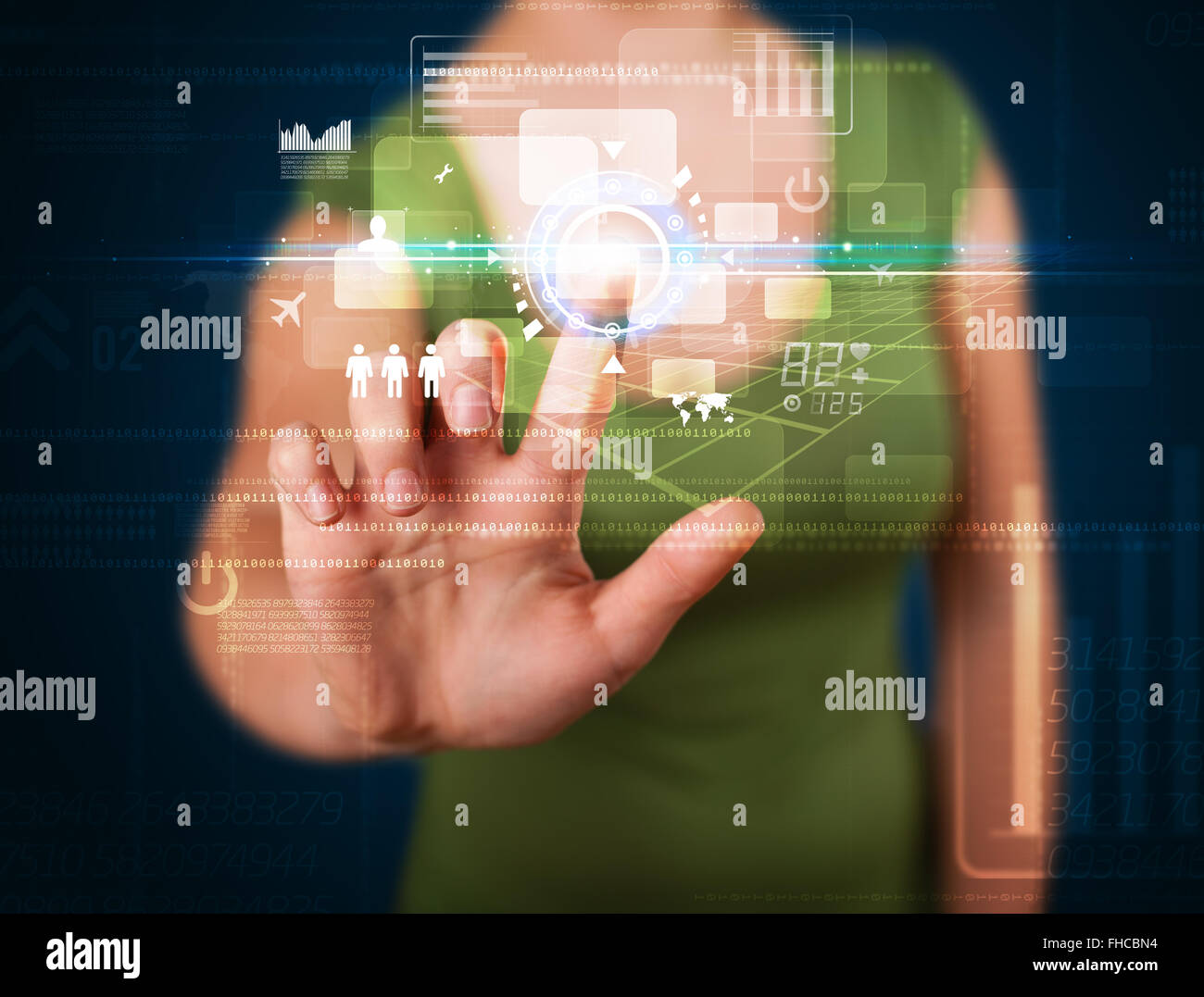 Young business woman touching future web technology buttons and icons ...