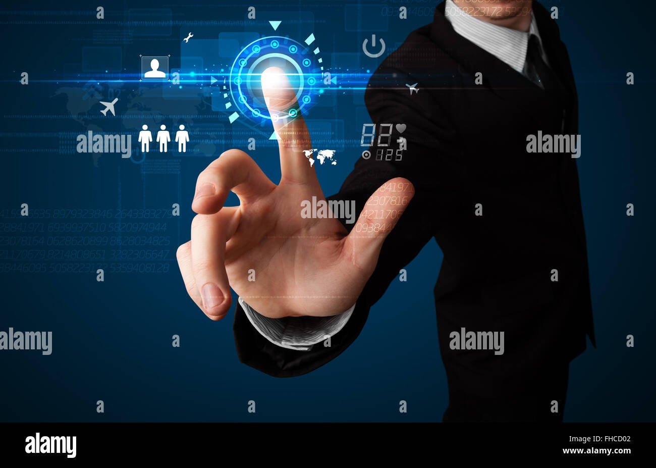 Handsome businessman touching future web technology buttons and icons ...