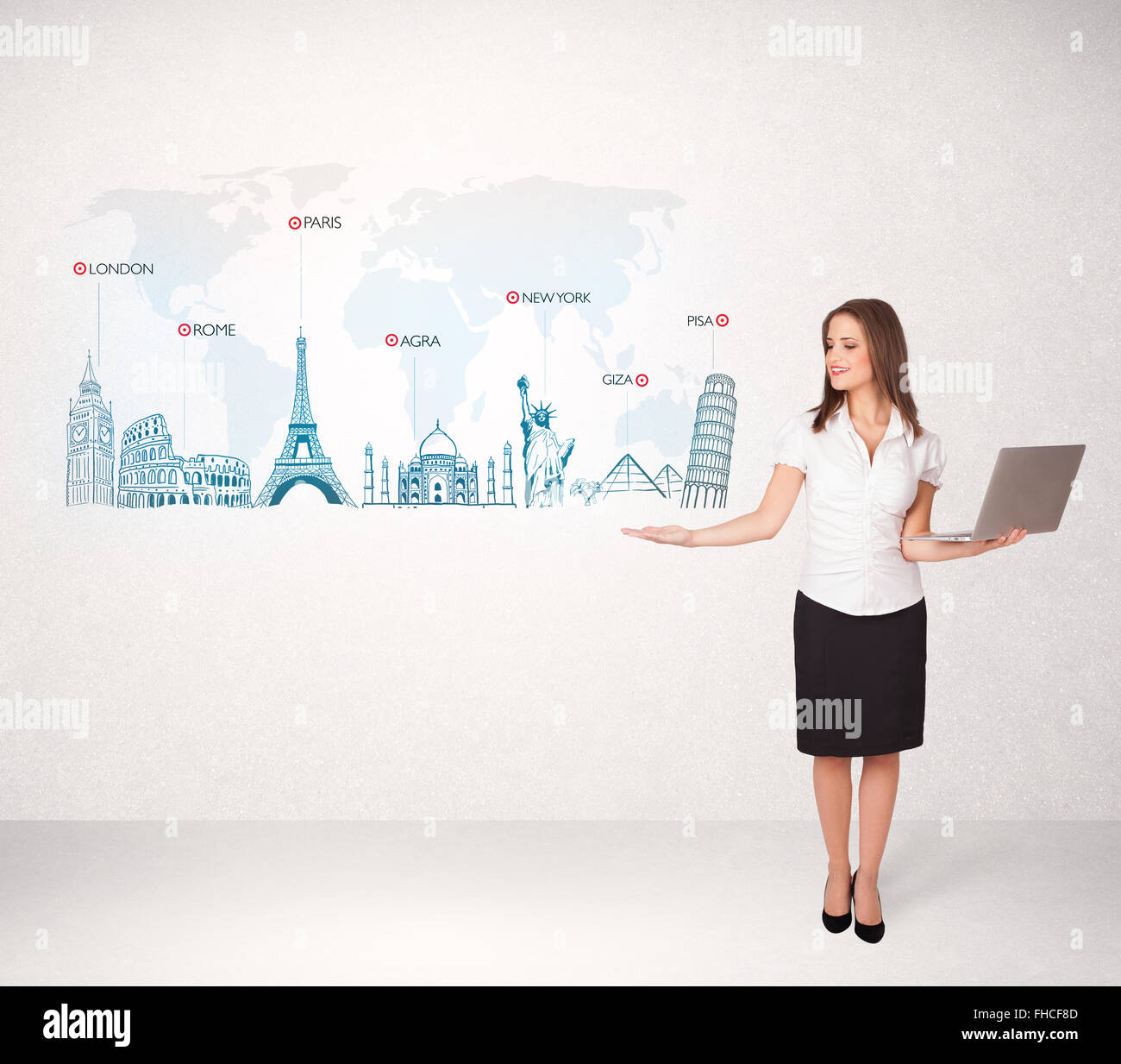 Business woman presenting map with famous cities and landmarks Stock ...
