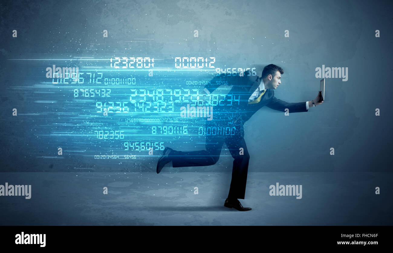 Business man running with device and data concept Stock Photo - Alamy