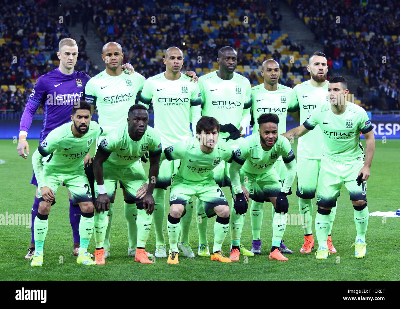 Kyiv, Ukraine. 24th February, 2016. Players of FC Manchester City team pose for a group photo before the UEFA Champions League Round of 16 football match FC Dynamo Kyiv vs Manchester City FC at NSC Olimpiyskyi stadium in Kyiv, on February 24, 2016. Credit:  Oleksandr Prykhodko/Alamy Live News Stock Photo