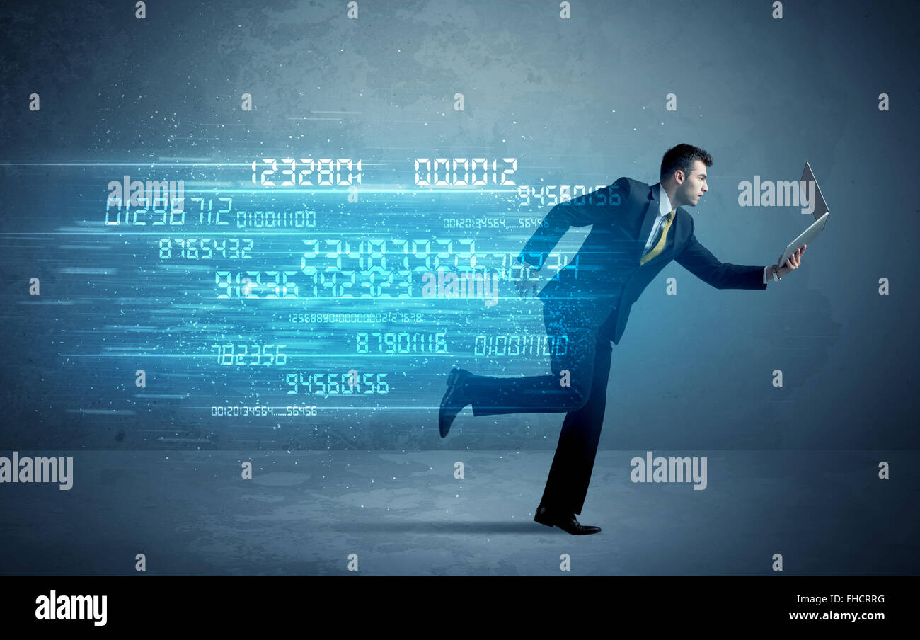 Business man running with device and data concept Stock Photo - Alamy