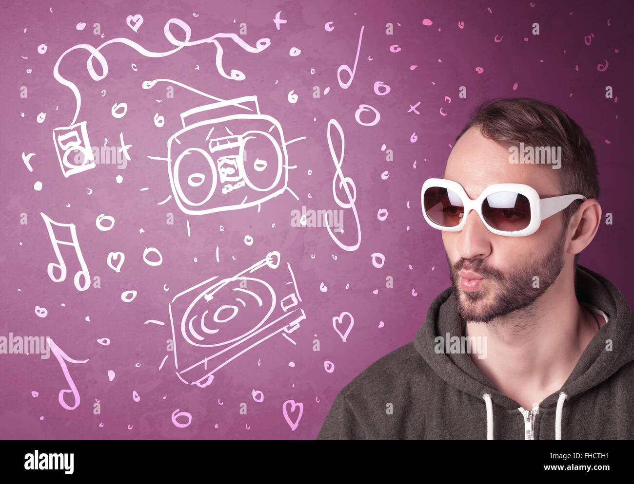 Happy funny guy with shades and hand drawn media icons Stock Photo