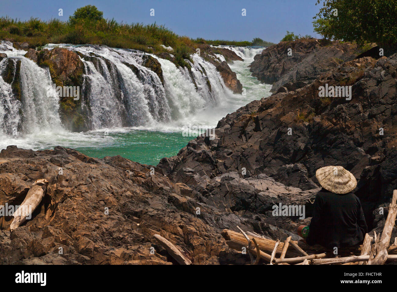 The TAM I DAENG WATERFALL is off the beaten track on the MEKONG RIVER in the 4 Thousand Islands Area (Si Phan Don) near DONE KHO Stock Photo