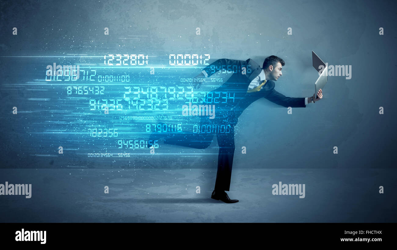 Business man running with device and data concept Stock Photo - Alamy