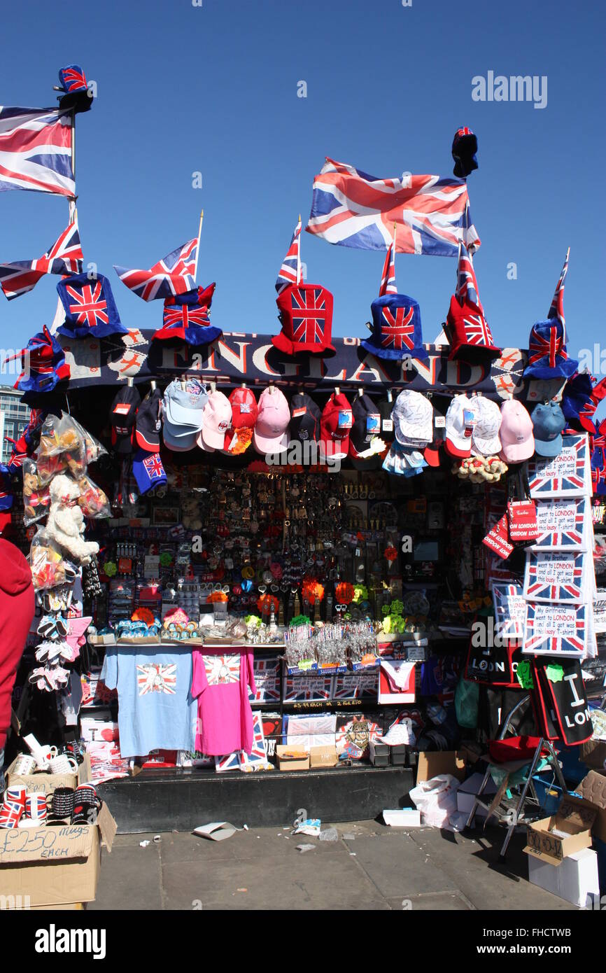 Flags, hats, Tshirts and souvenir shop in London, United Kingdom Stock