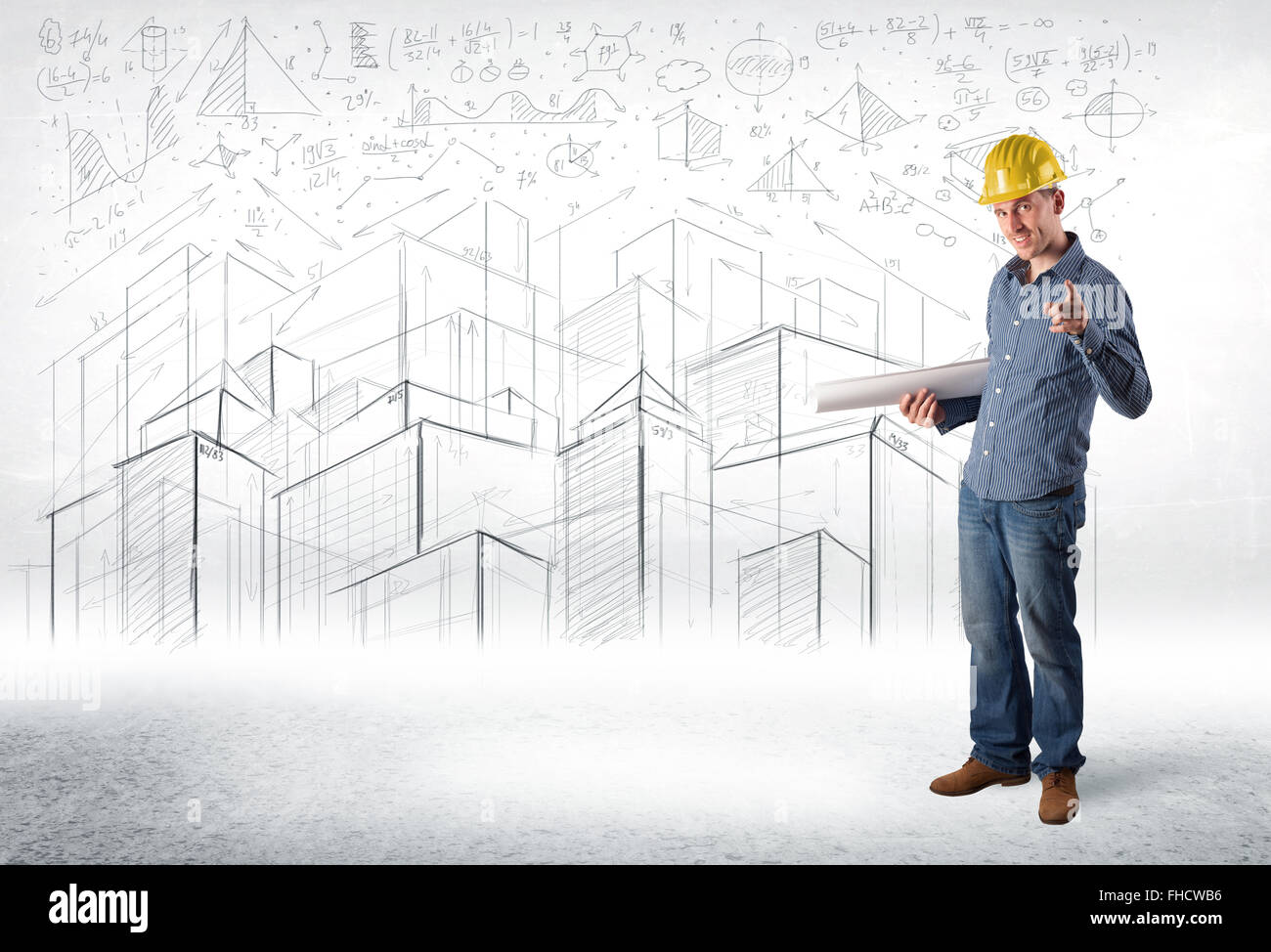 Handsome construction specialist with city drawing in background Stock Photo