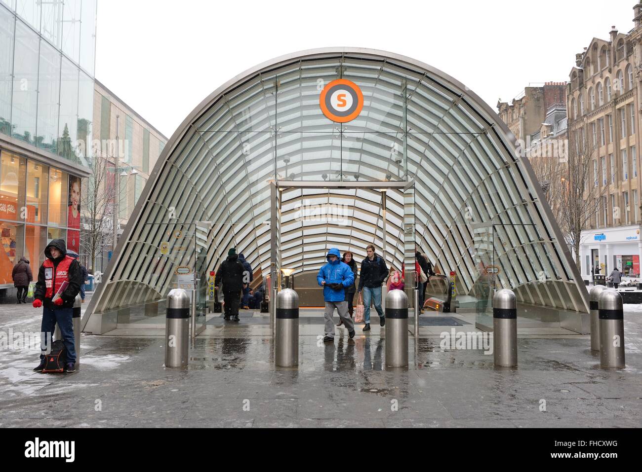 Newly constructed glass domed entrance to Glasgow's subway in St Enoch square. Stock Photo