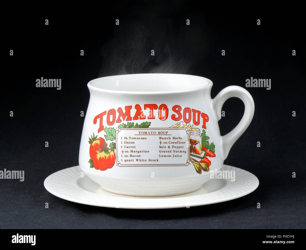 Soup cup with a Tomato soup recipe printed on the front and visible