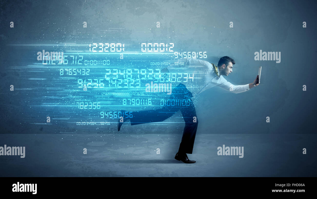 Business man running with device and data concept Stock Photo - Alamy