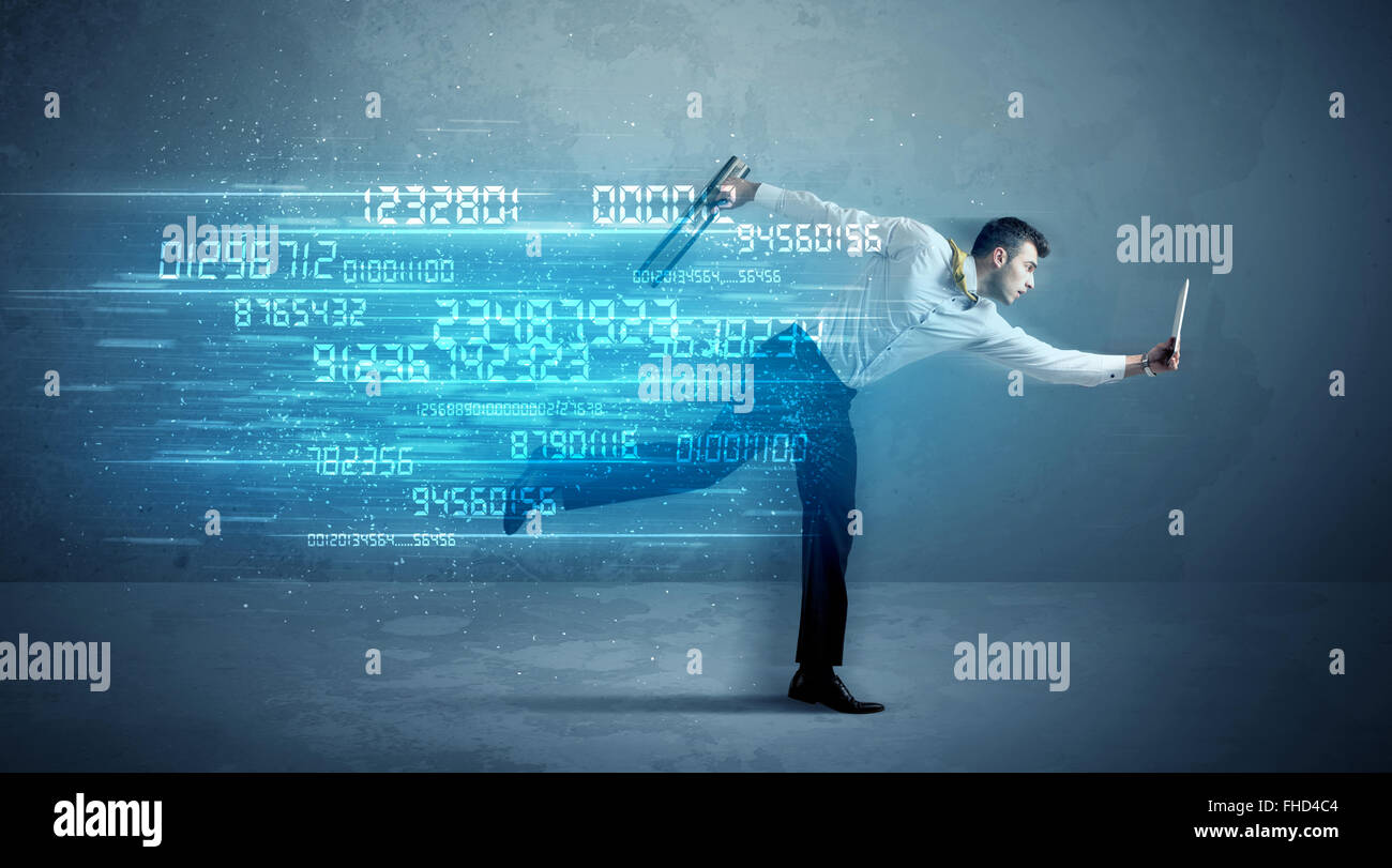 Business man running with device and data concept Stock Photo - Alamy