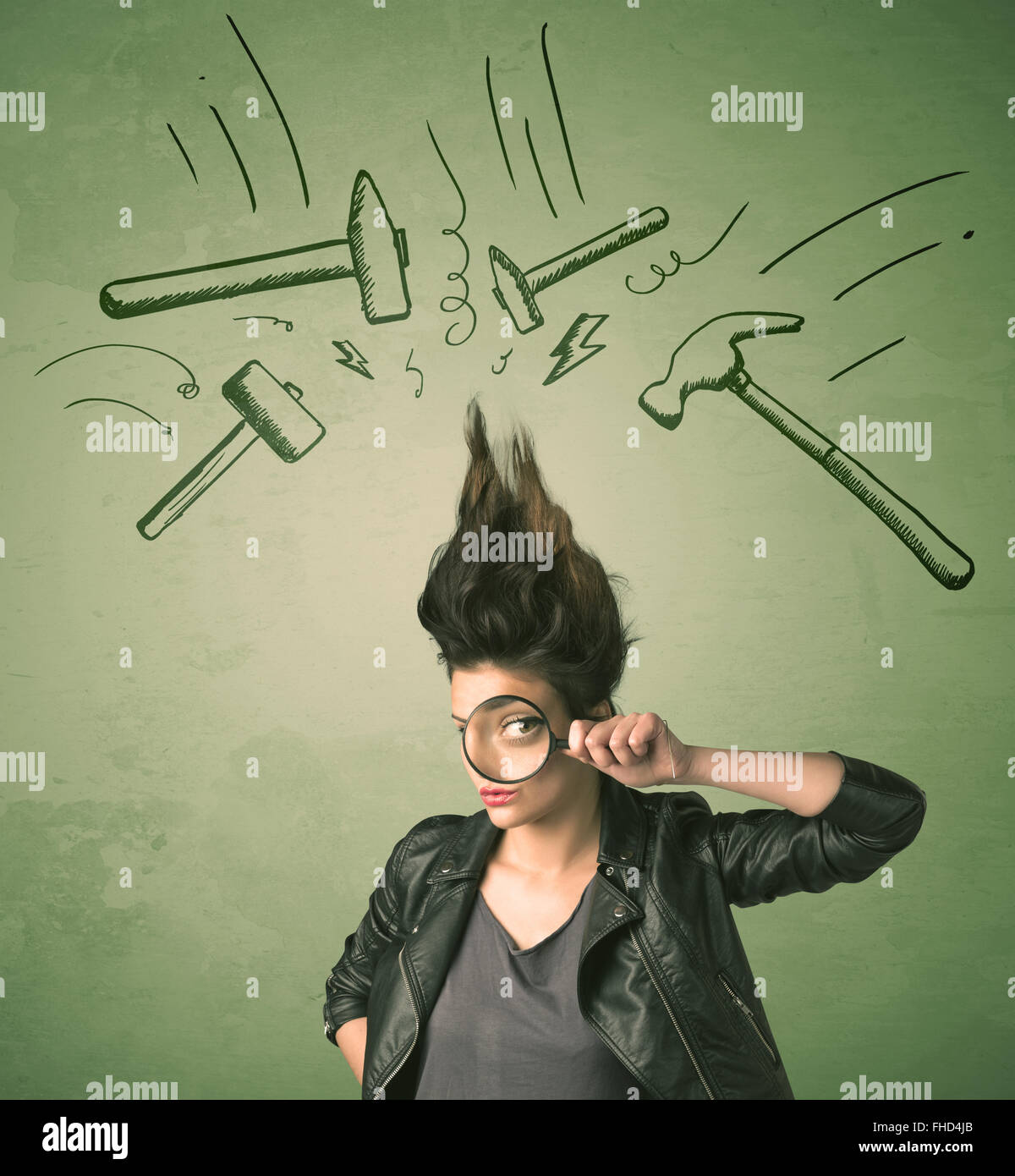 Tired woman with hair style and headache hammer symbols Stock Photo