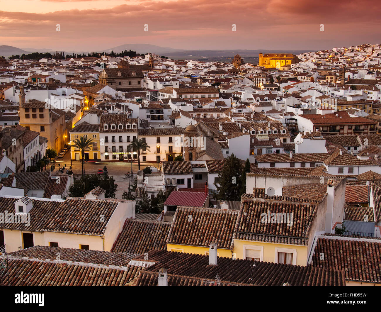 Sunset, monumental city Antequera, Malaga province. Andalusia southern Spain Stock Photo