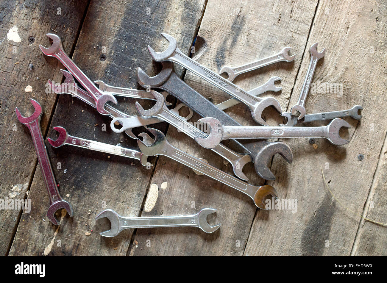 Workers collection of dual headed open ended wrenches. Zawady Central Poland Stock Photo