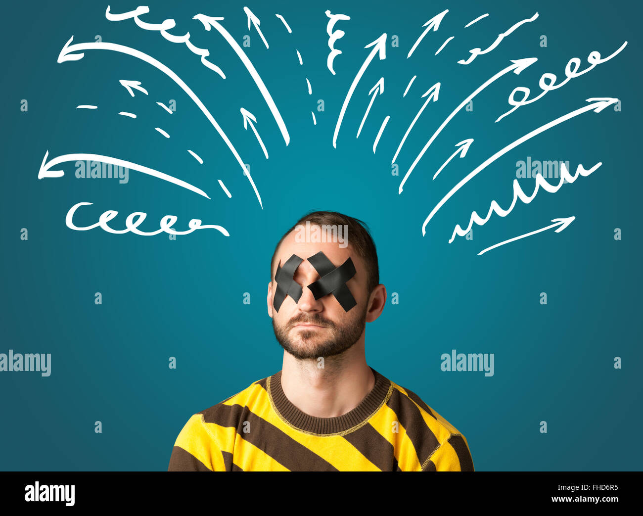 Young man with glued eye and lines around his head Stock Photo Alamy