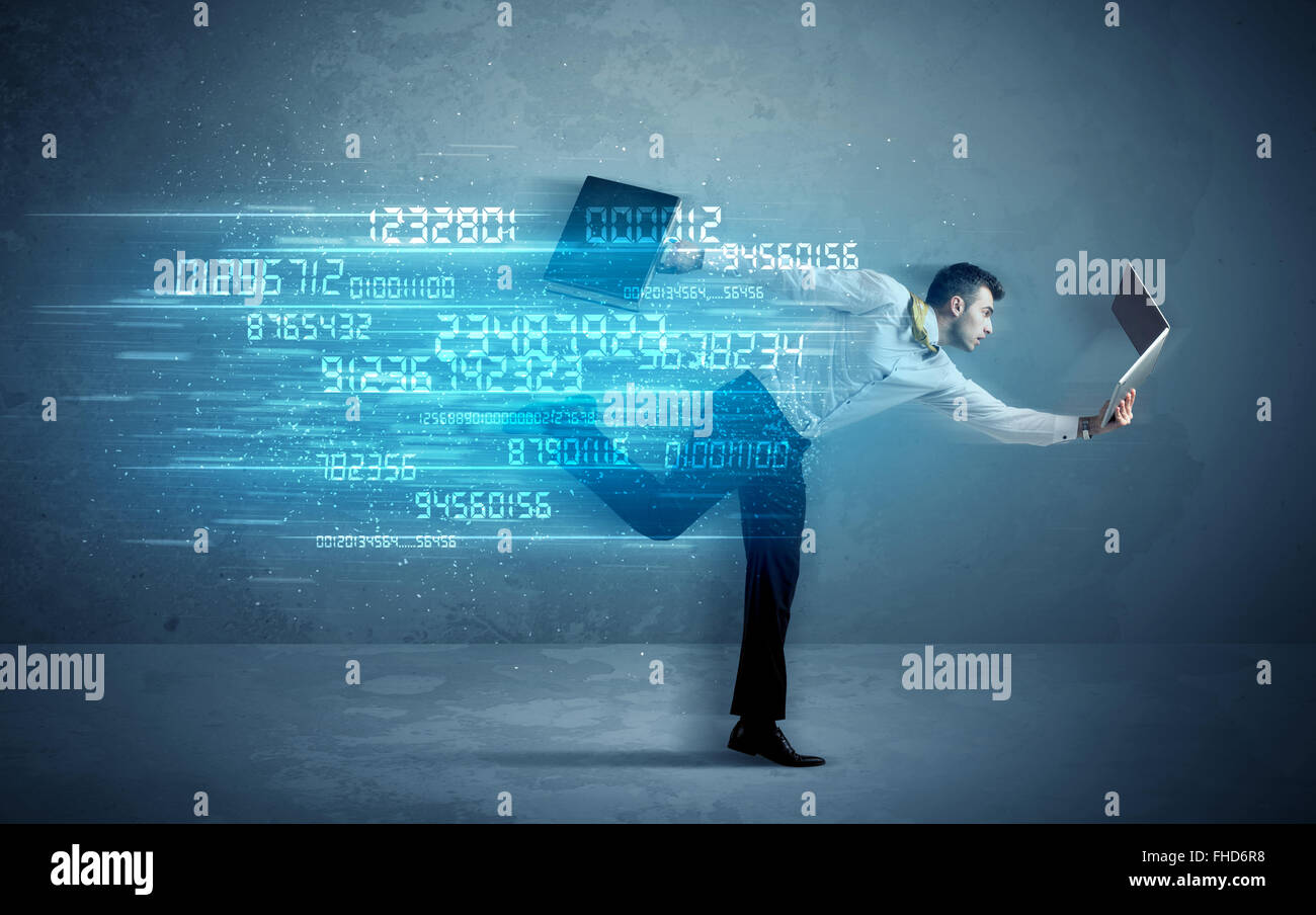 Business man running with device and data concept Stock Photo - Alamy