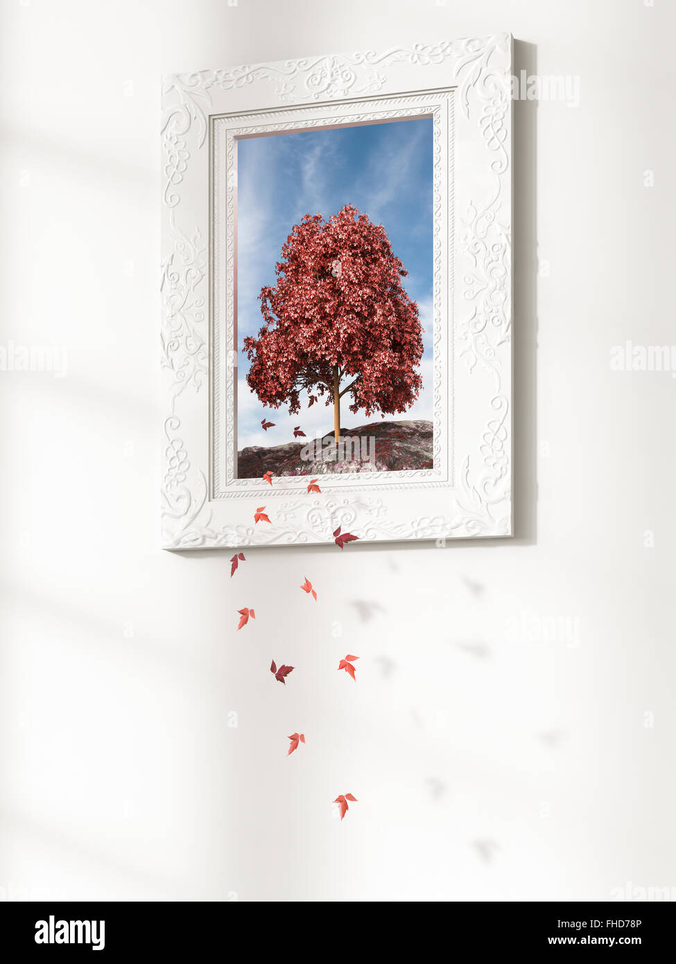 Leaves falling from tree in picture frame, 3d rendering Stock Photo
