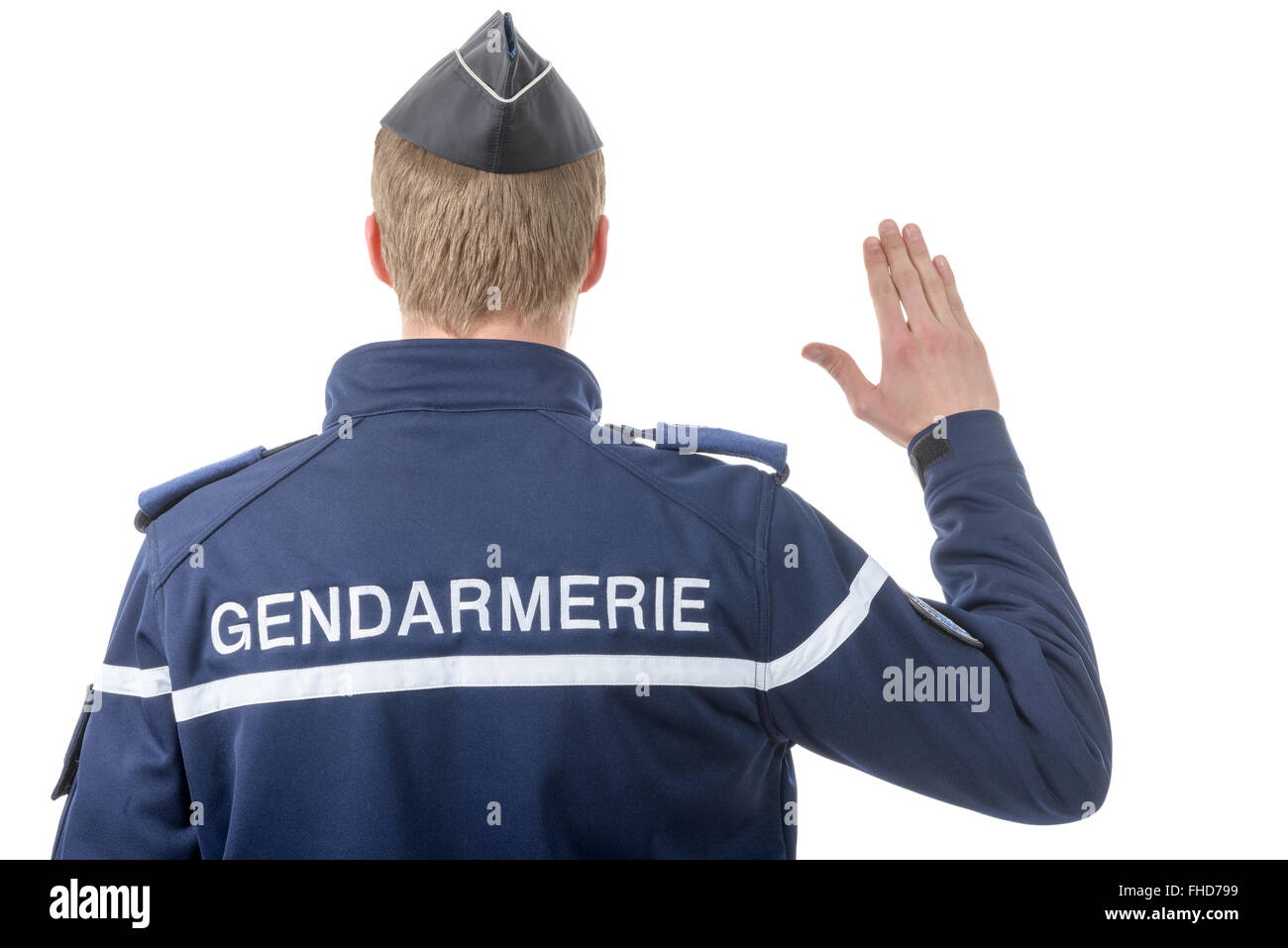 a French policeman, back view, on white background Stock Photo