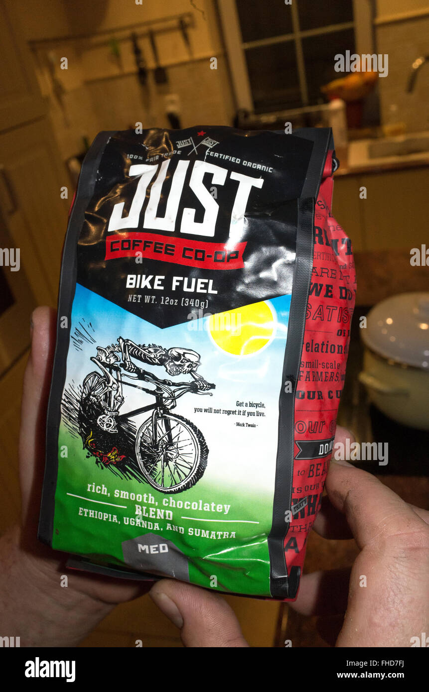 Bag of Fair Trade organic Bike Fuel coffee with a speedy skeleton