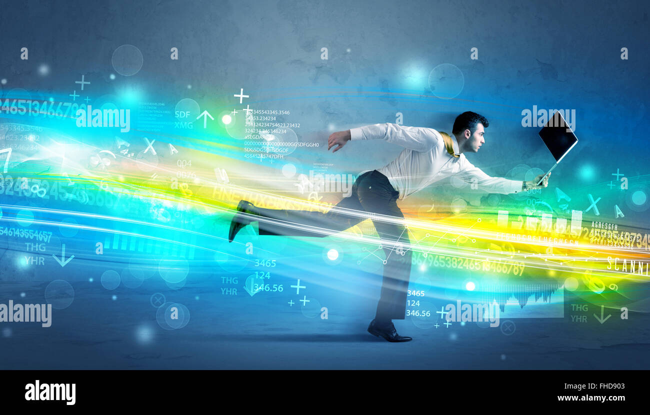 Tech Man Running Business man running in high tech wave concept Stock Photo - Alamy