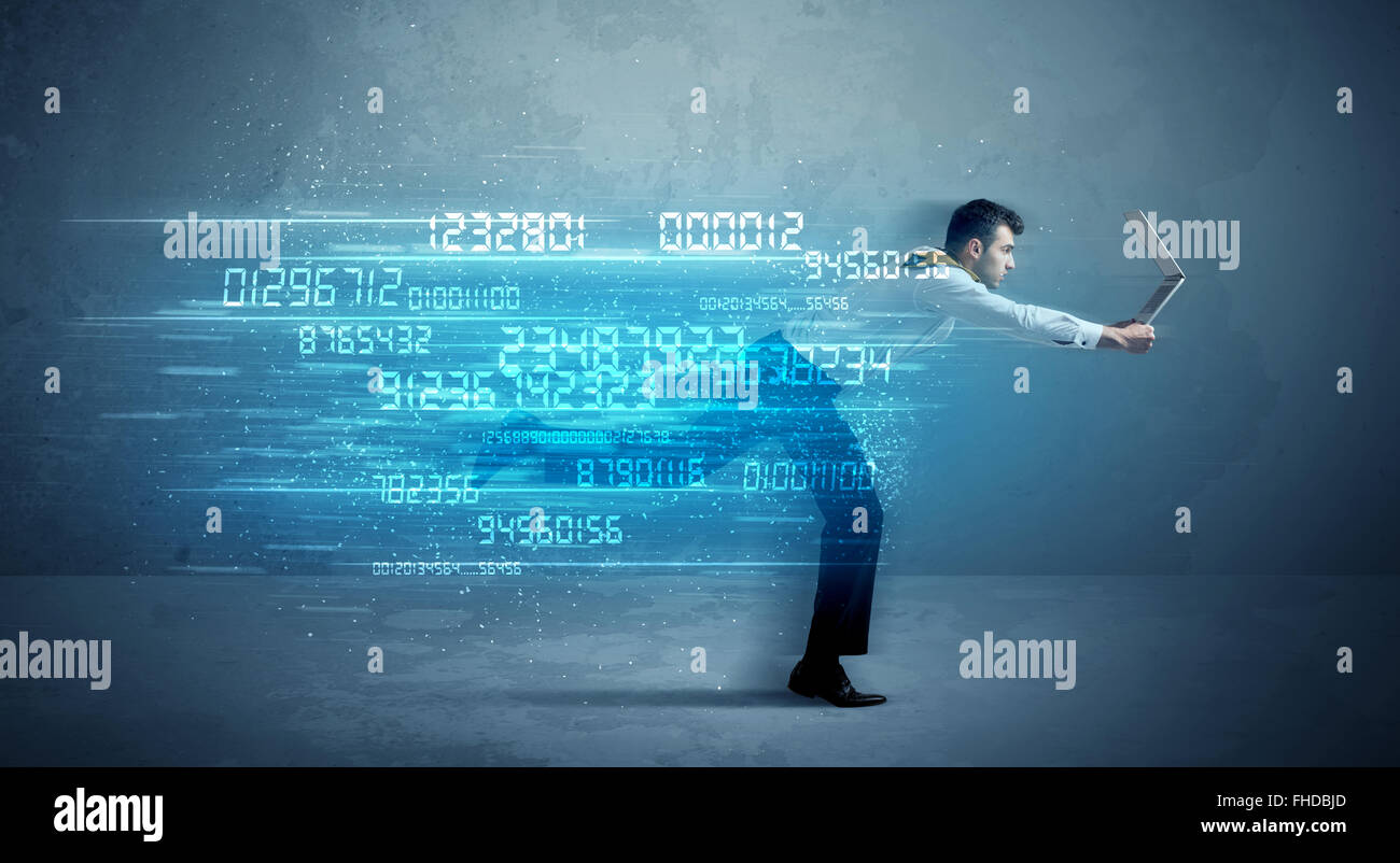 Business man running with device and data concept Stock Photo - Alamy