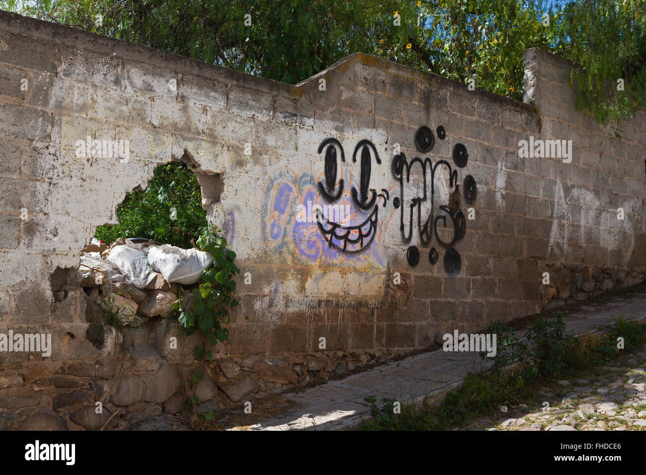 A smiley face on a delapidated wall in MINERAL DE POZOS one of MEXICOS MAGICAL TOWNS Stock Photo