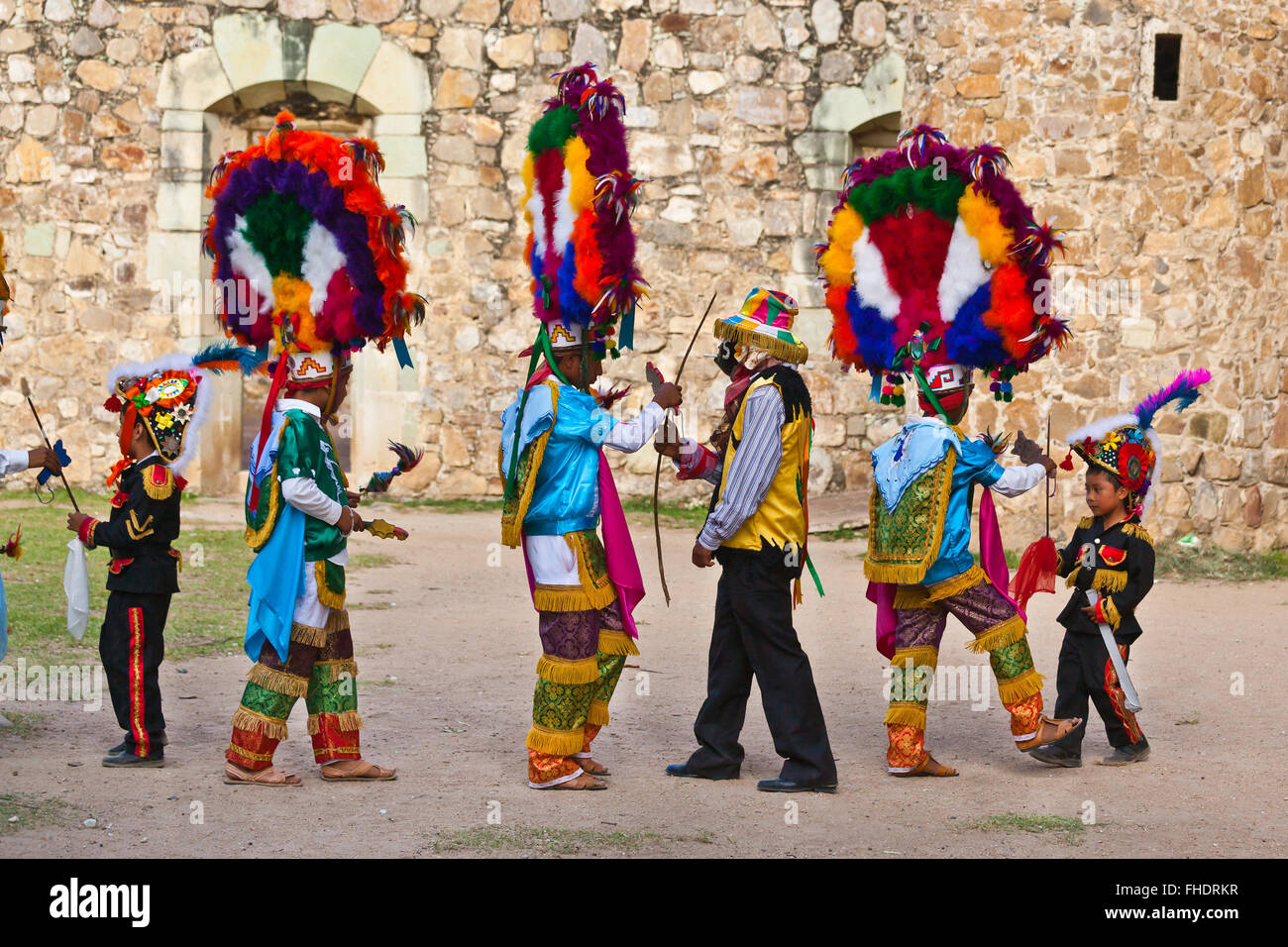 DANCERS reenact ZAPOTEC history during the GUELAGUETZA FESTIVAL - CUILAPAN, MEXICO near OAXACA Stock Photo