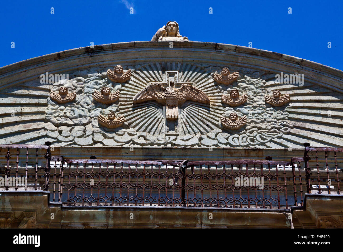 Top of the CATHEDRAL OF OUR LADY OF ASSUMPTION was constructed in 1535 and is located in the ZOCALO - OAXACA, MEXICO Stock Photo