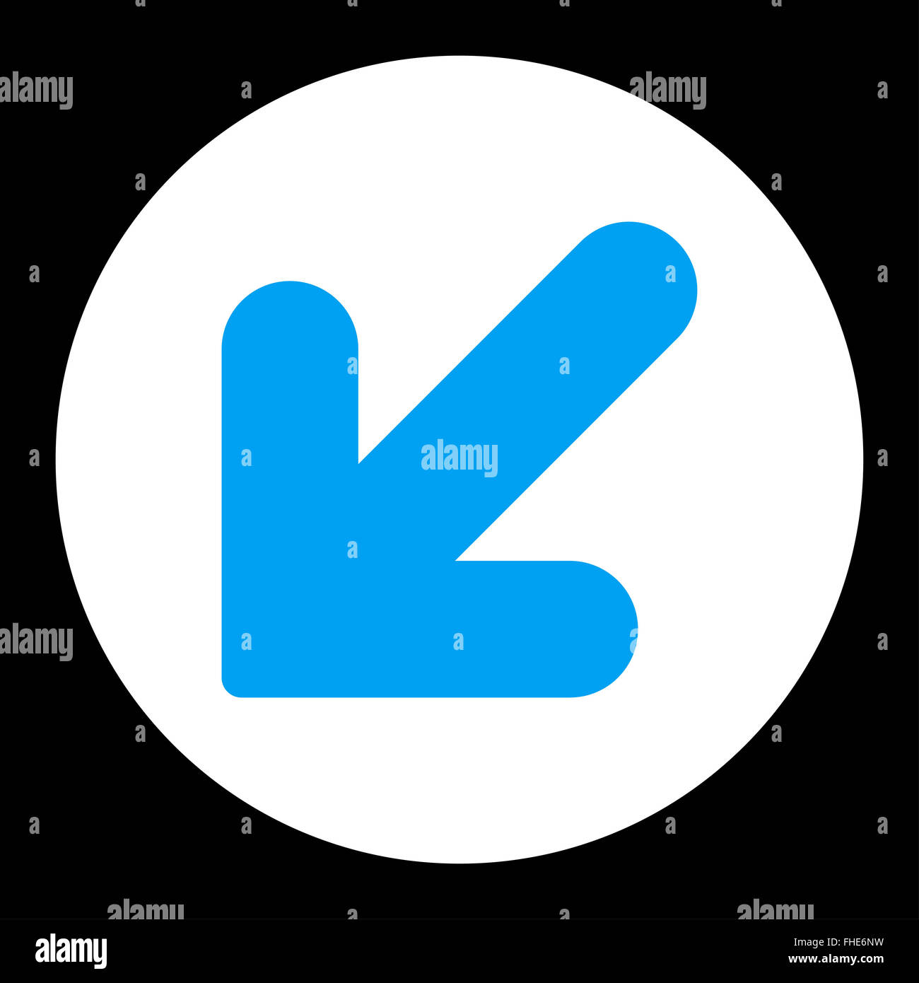 Arrow Down Left flat blue and white colors round button Stock Photo - Alamy