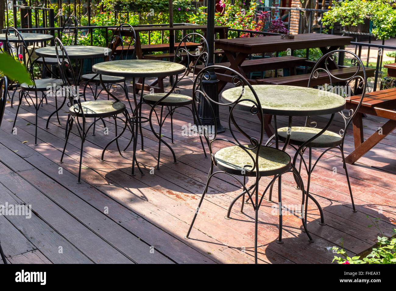 Tables and chairs of outdoor coffee and bar restaurant Stock Photo Alamy